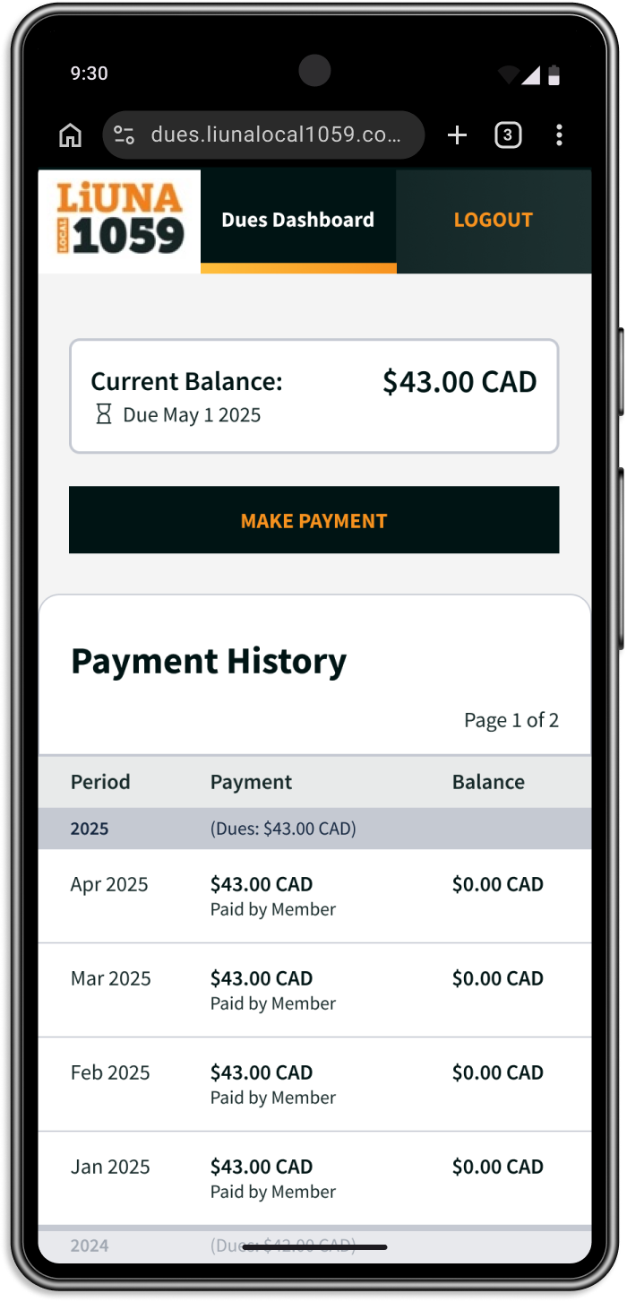 A mockup of concept 3. The column titles are 'Period', 'Payment', and 'Balance' and the table is not cut off. The cells of the payment column are the same as concept 2. Rows are grouped into years, with a break row  at the top that shows the year and the amount for the dues payment.
